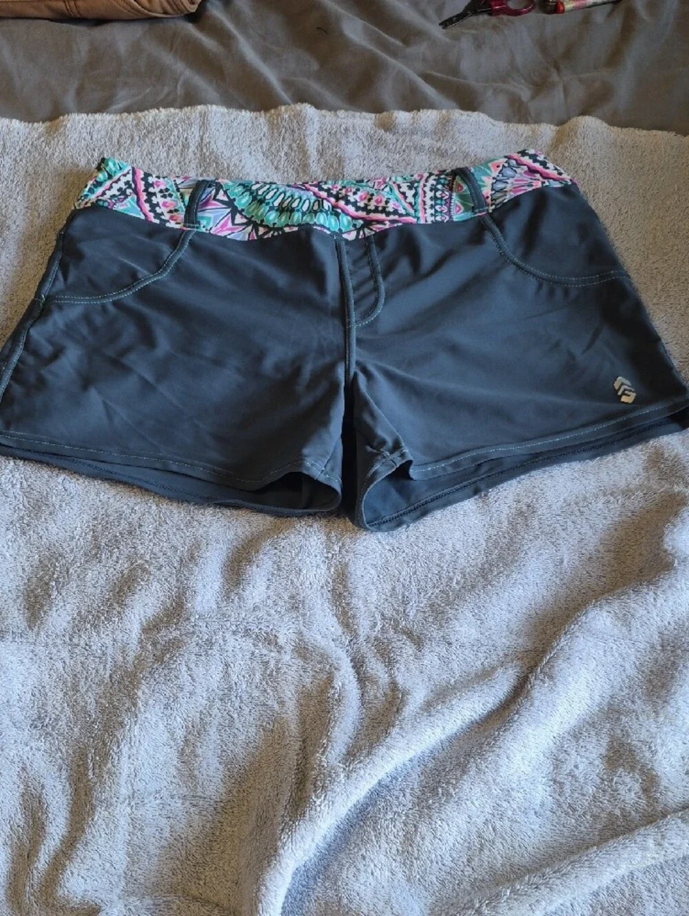 Free Country Teal Swim Bottoms with Pink & Black Geometric Trim